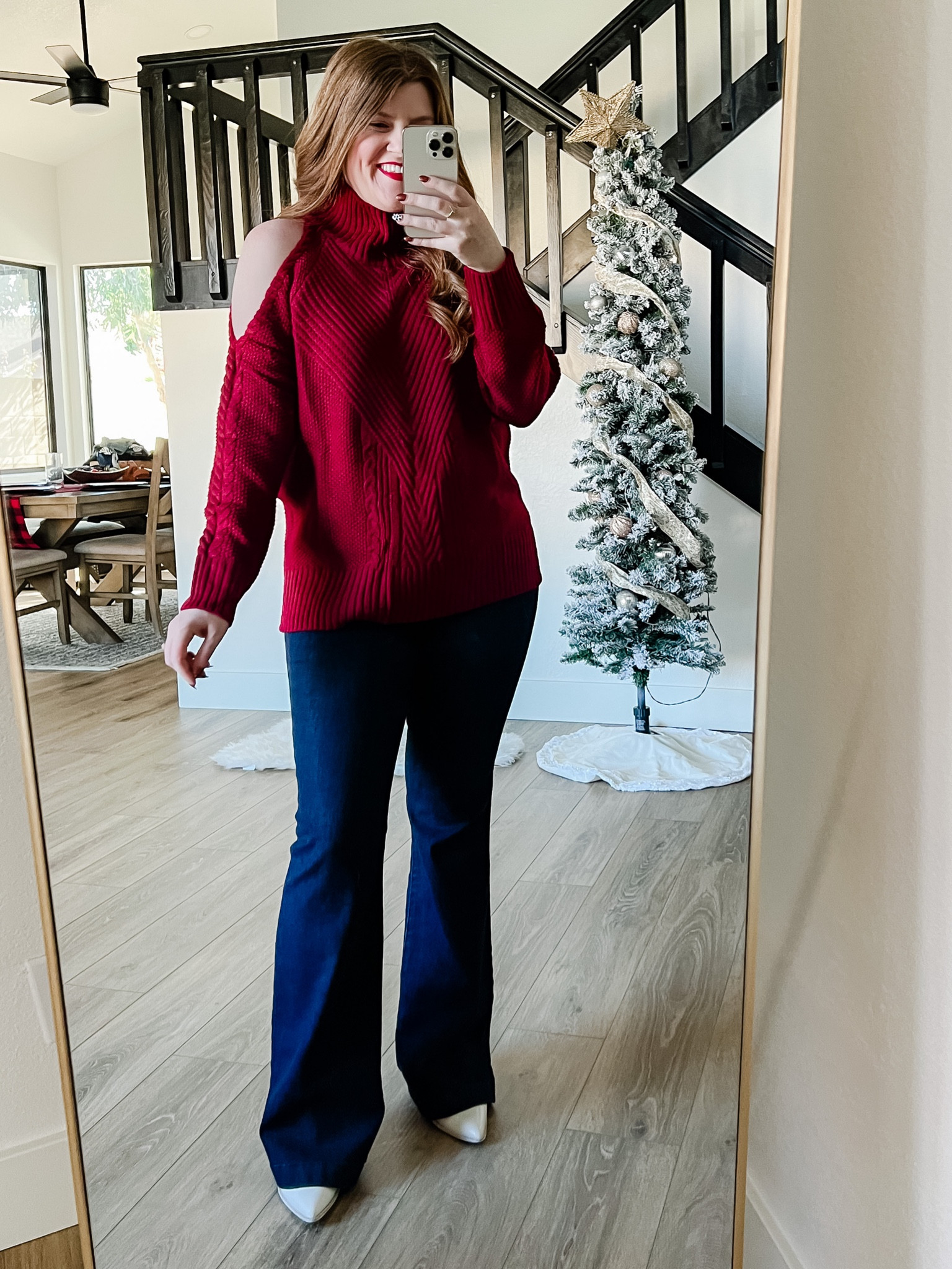 Cut out shoulder sweater size medium from amazon. Flare jeans from Walmart. Walmart jeans. 

#LTKstyletip #LTKSeasonal #LTKunder50