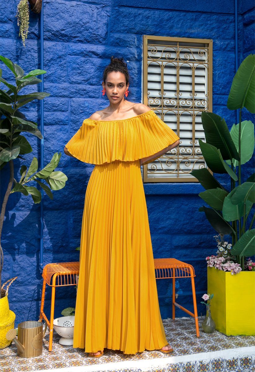 Dancing Till Dawn Off-Shoulder Pleated Maxi Dress in Mustard | Chicwish