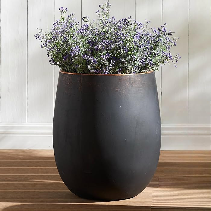 Wallowa 13.3" Dia x 15.3" H Concrete Planter, Outdoor Planter, Black with Gold Rim, Flower Pot wi... | Amazon (US)