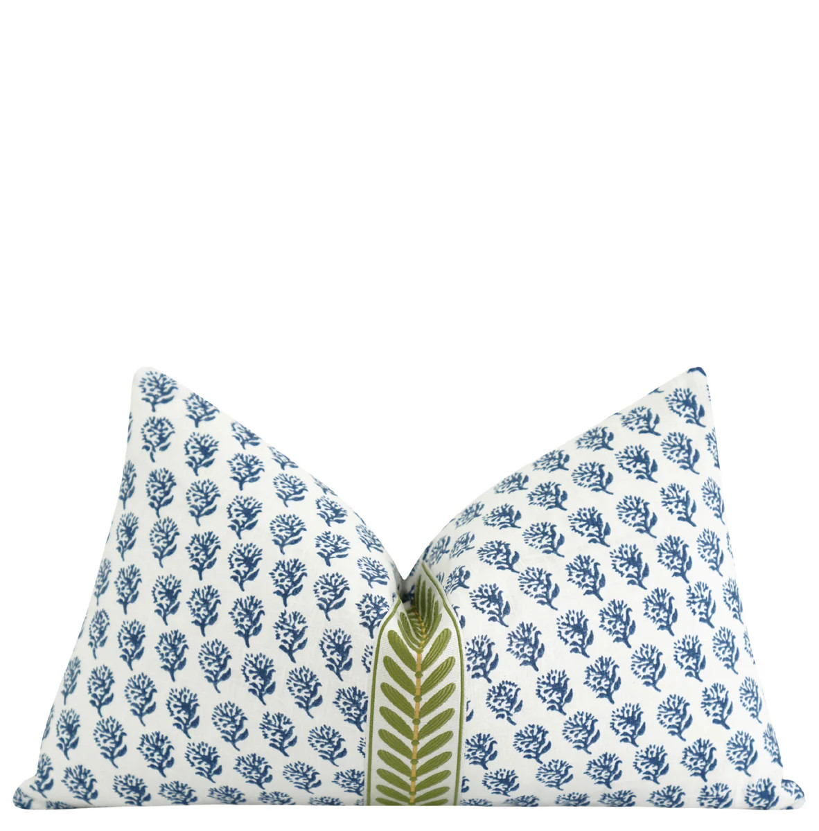 Alton Porcelain Blue Floral Trim Lumbar Pillow | Land of Pillows