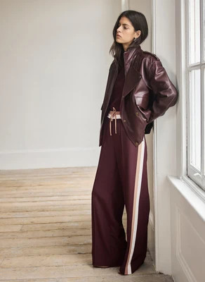 Burgundy Side Stripe Tie Waist Wide Leg Trousers | Mint Velvet - US
