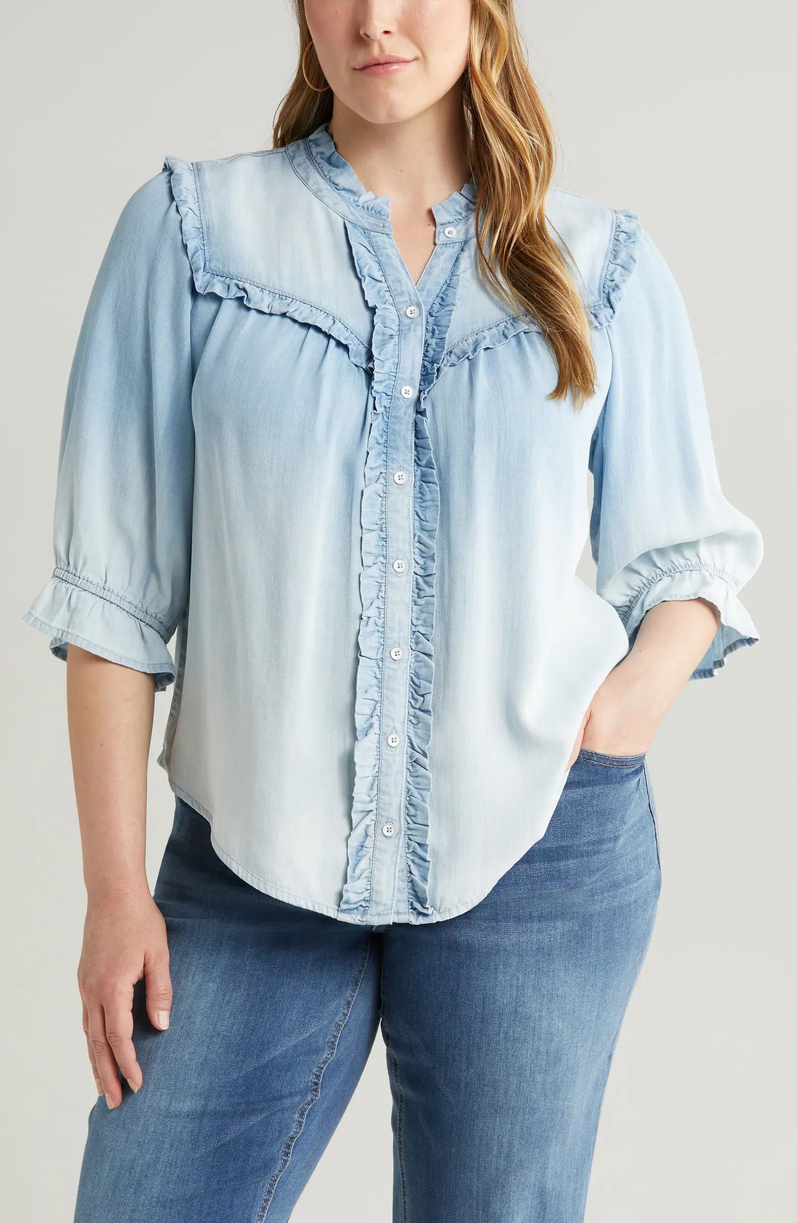 Wit & Wisdom Ruffle Trim Chambray Button-Up Top | Nordstrom | Nordstrom