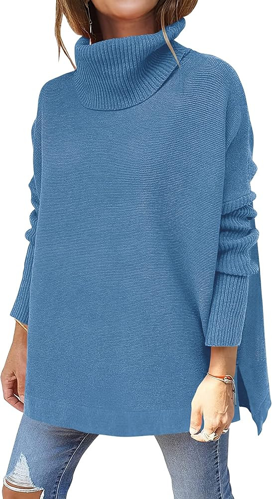 ANRABESS Women's Turtleneck Oversized 2023 Long Batwing Sleeve Spilt Hem Knit Tunic Pullover Sweater | Amazon (US)