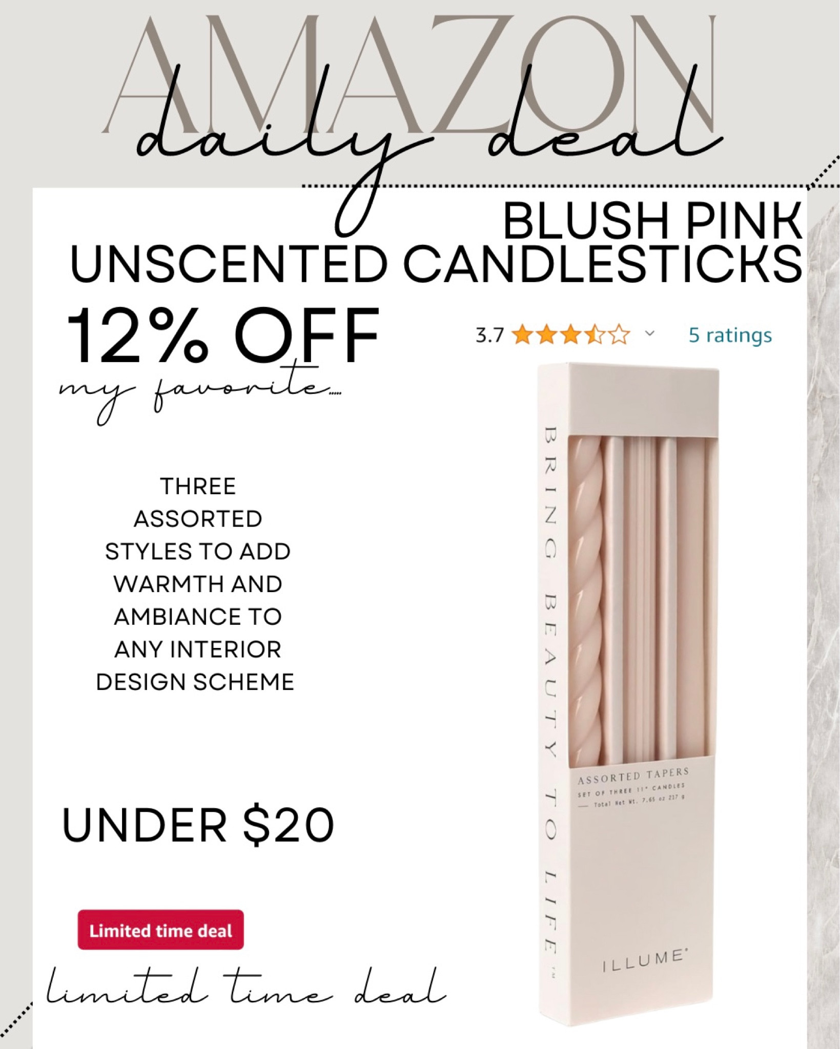 BLUSH PINK UNSCENTED CANDLESTICKS-

Three assorted styles to add warmth and ambiance to any interior design scheme. 

UNDER $20

#LTKHome #LTKGiftGuide #LTKFindsUnder50