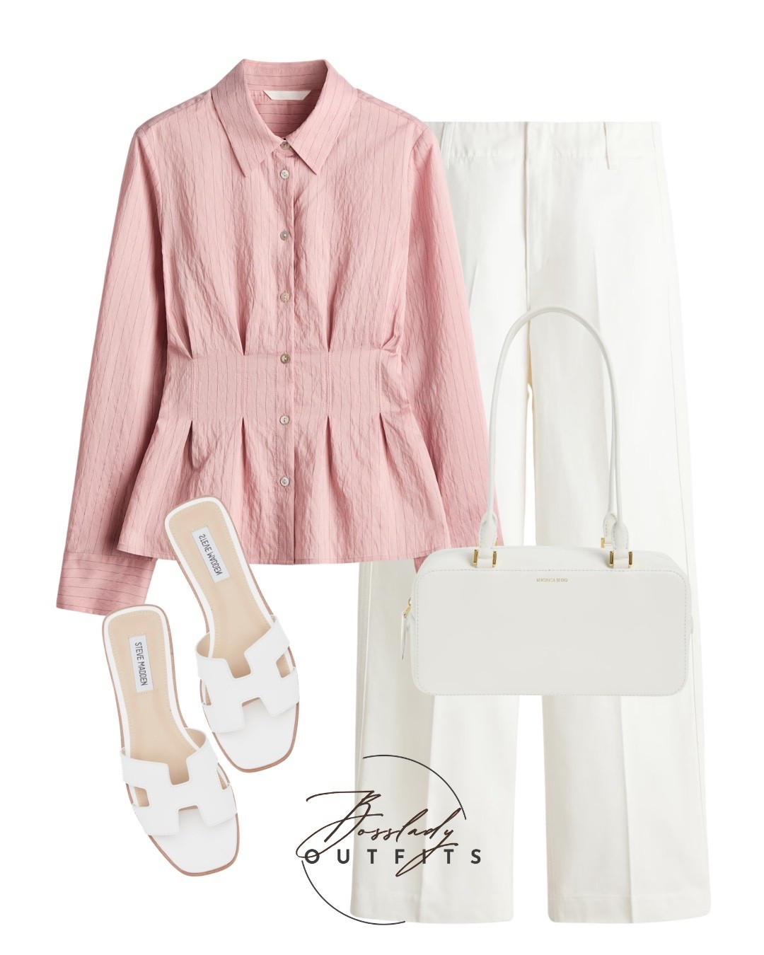 Spring is calling, and this pink and white combo is the perfect answer! 💕 Elevate your warm-weather wardrobe with this effortlessly chic work-to-weekend look. This textured blush pink peplum button-down top offers a flattering cinched waist, pairing beautifully with crisp white wide-leg trousers for a fresh, "quiet luxury" aesthetic. Finished off with comfortable white Steve Madden slide sandals and a sleek structured white shoulder bag. Perfect for a casual office day, weekend brunch, or a spring getaway! 🌸✨

#LTKsummer #LTKstyletip #LTKshoes