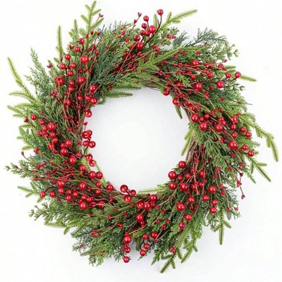 20 Inches Classic Rustic Wreath Green Norfolk Pine Needle Red Berry Xmas Winter Wreath for Front Door Window Porch Wall Green standard | Target