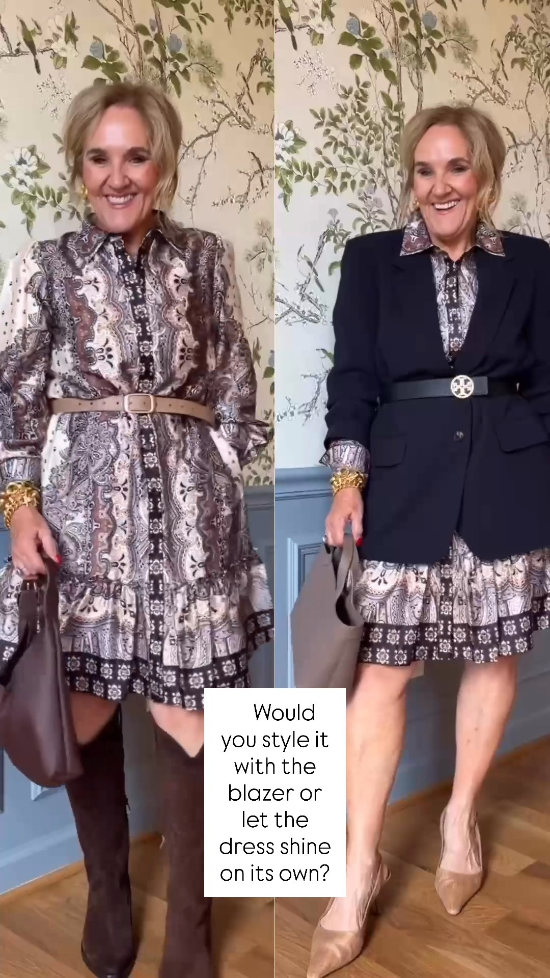 This printed dress is so versatile! Wear it now with slingback heels and a blazer for work, then switch to tall suede boots for an effortless fall look. I’m wearing a size 6 in the dress. The black crepe blazer has an oversized fit (I’m wearing a size 8) and is made from the same beautiful fabric as the viral Aritzia pants. The slingbacks are on sale, and if you’re shopping the boots, I’d size up a half in the brown suede pair, they needed a little breaking in but became very comfortable after a few hours around the house. The Frye boots fit true to size, and this is the best price you’ll see all season during the Anniversary Sale.

💡 LTK MADE EASY
❤️ Heart = Support my posts!
🔖 Save = Get sale & restock alerts
📋 Lists = Keep favorites organized
📲 Share = Send lists and products to a friend. Hello, Christmas List!
💬 Comment = Ask me anything about what I’m wearing.:-)

#LTKootd #LTKSaleAlert #LTKOver40
