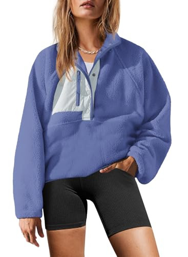 Yanekop Sherpa Jacket Women Fuzzy Pullover Sweaters Winter Fleece Sweatshirt Button Up Pullover Sherpa Outerwear(Grey Blue Mixed,XS) | Amazon (US)