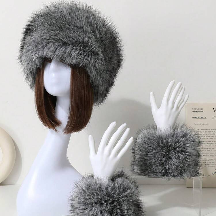 Imitation Rex Rabbit Fur Hat Women's Sleeve Cover Hat Two-Piece Set Warm Wrist Guard Sleeve Fur Hand Warmer Thick Versatile Autumn Winter Style | SHEIN