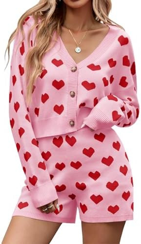 Tankaneo Womens Valentine's Day Sweater Sets Heart Knit Long Sleeve Cropped Cardigan and Shorts 2... | Amazon (US)
