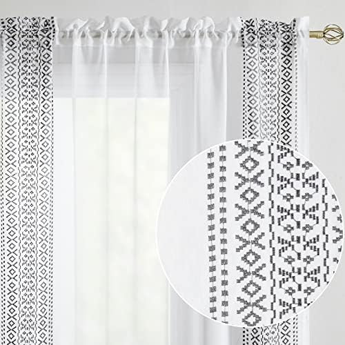 JINCHAN Boho Curtains Sheer Curtains Living Room Embroidered Bordered Drapes Farmhouse Curtains 96 I | Amazon (US)