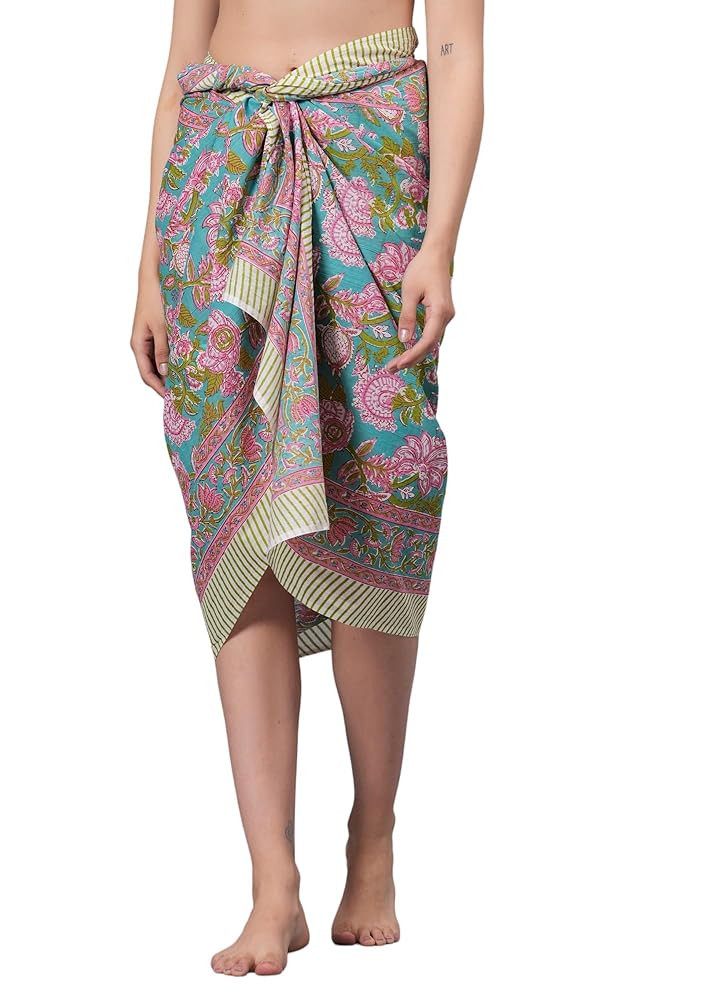 100% Cotton Swimsuit Cover-Up, Indian Hand Block Printed Sarong Wraps Bikini Cover-Up for Women | Amazon (US)