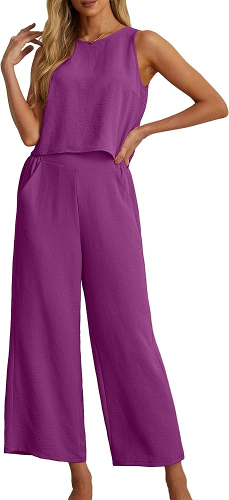 IWOLLENCE Women's Summer 2 Piece Outfits Set Round neck Sleeveless Tank Crop Top Wide Leg pants S... | Amazon (US)