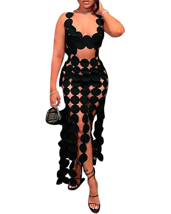 Women's Sexy Hollow Out Dot Sleeveless Long Dress Low-Cut Cut Out Backless Tassel Club Dress | Amazon (US)
