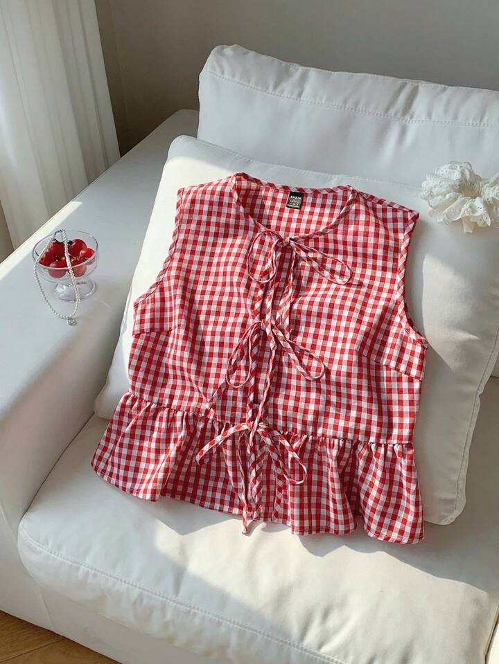 Comfortcana Chemise Décontractée Sans Manches À Carreaux Rouges Pour Femmes Avec Ourlet À Volants, Hauts Sans Manches | SHEIN