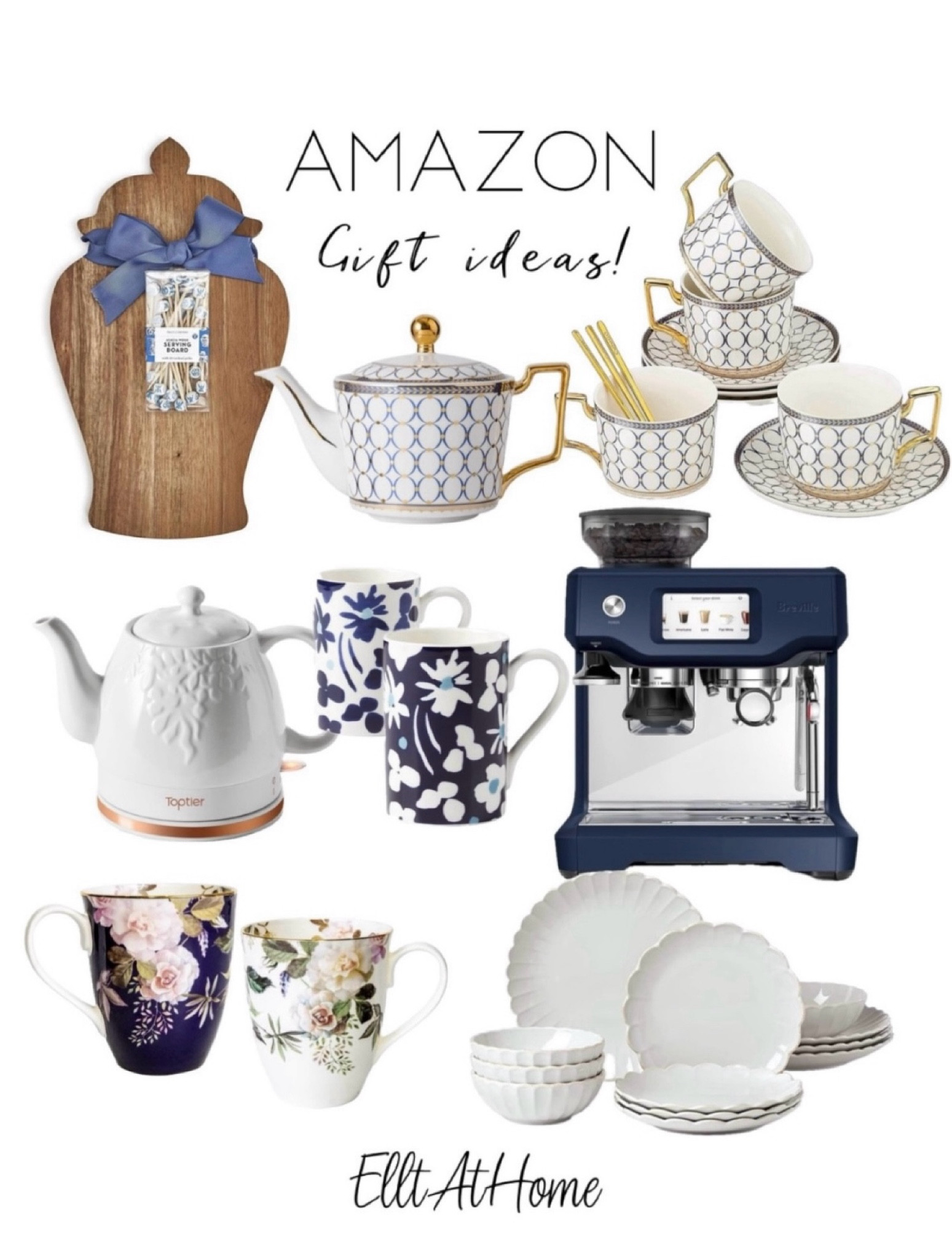 Beautiful amazon home kitchen finds! Pretty blue touches makes a nice gift! Teapots, mugs, elegant coffee cup sets, espresso maker in blue, scallop dinnerware, board. Shop more kitchen accessories. Free shipping. 

#LTKGiftGuide #LTKHome #LTKSaleAlert