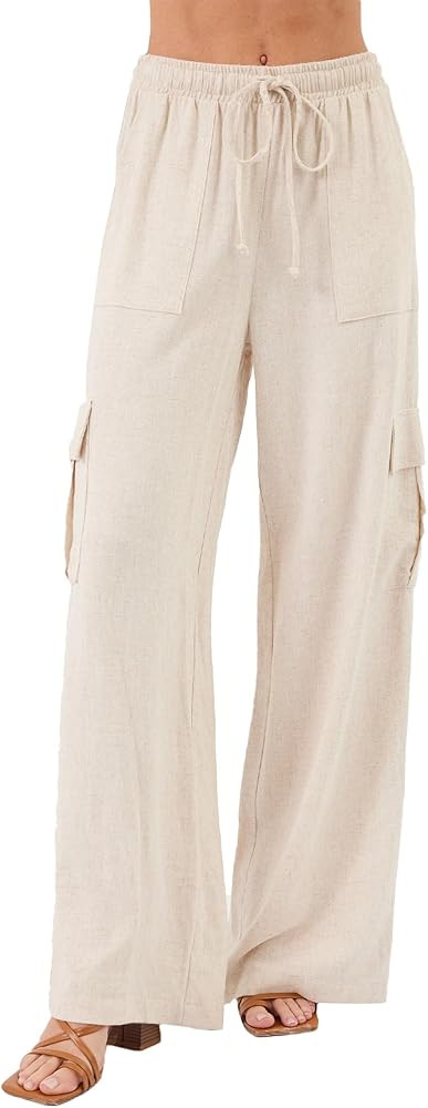 Beautiful Nomad Women's Linen Cargo Pants Casual High Waisted Wide Leg Pant Baggy Trousers with P... | Amazon (US)
