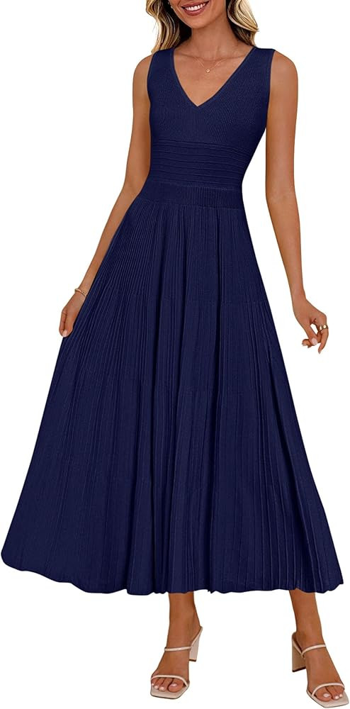 PRETTYGARDEN Summer Dresses for Women 2026 Spring Casual Sleeveless V Neck Pleated Midi Work Cock... | Amazon (US)