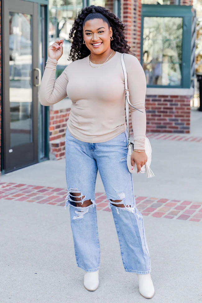 Make Your Choice Tan Ribbed Long Sleeve Tee | Pink Lily