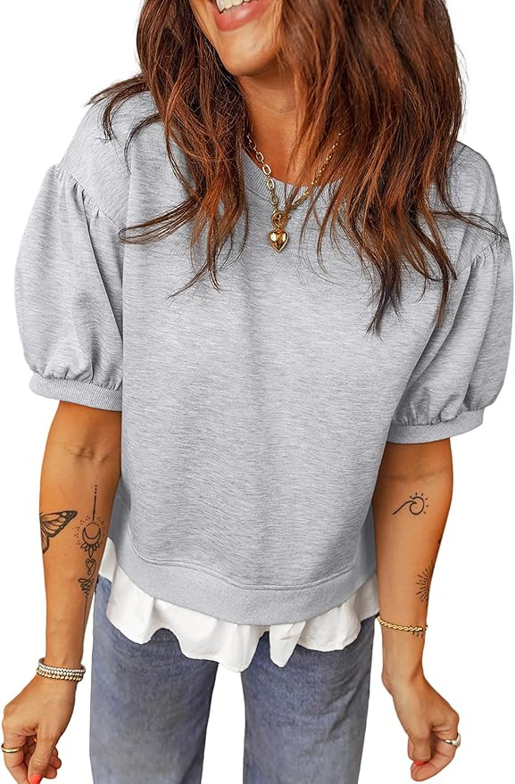 Dokotoo Women's Summer Tops Cute Short Sleeve Crewneck Sweatshirts Tops Casual Blouses Shirts | Amazon (US)