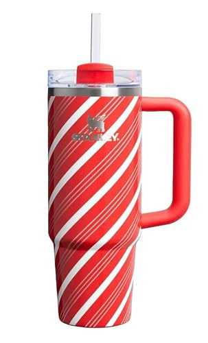 STANLEY Insulated Travel Mug, Red and White Candy Cane Stripe Pattern, Stainless Steel Tumbler with Handle and Straw, Vacuum Sealed Cup, 30 Oz | Amazon (US)
