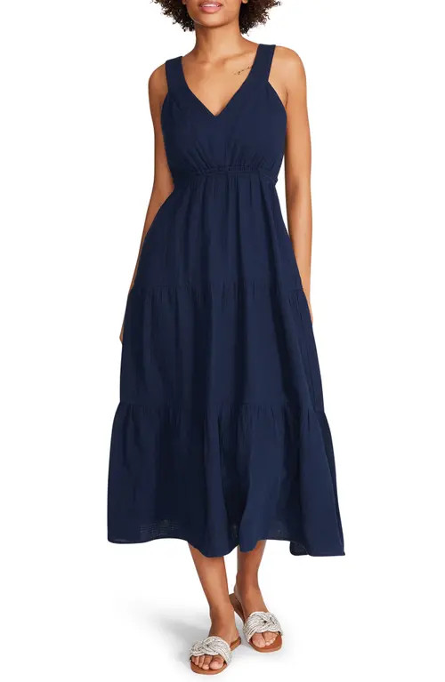 Steve Madden Amira Tiered Cotton Midi Dress in Oilslick at Nordstrom, Size Small | Nordstrom