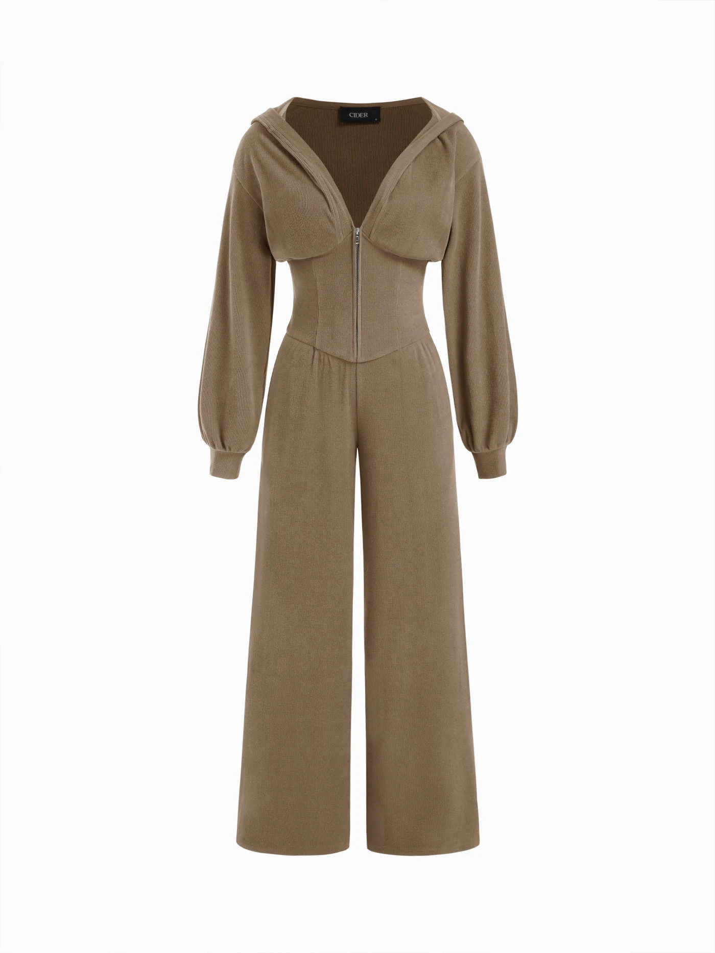 Jersey Jersey Hooded Cinched Waist Zipper Jumpsuit For Daily Casual | Cider
