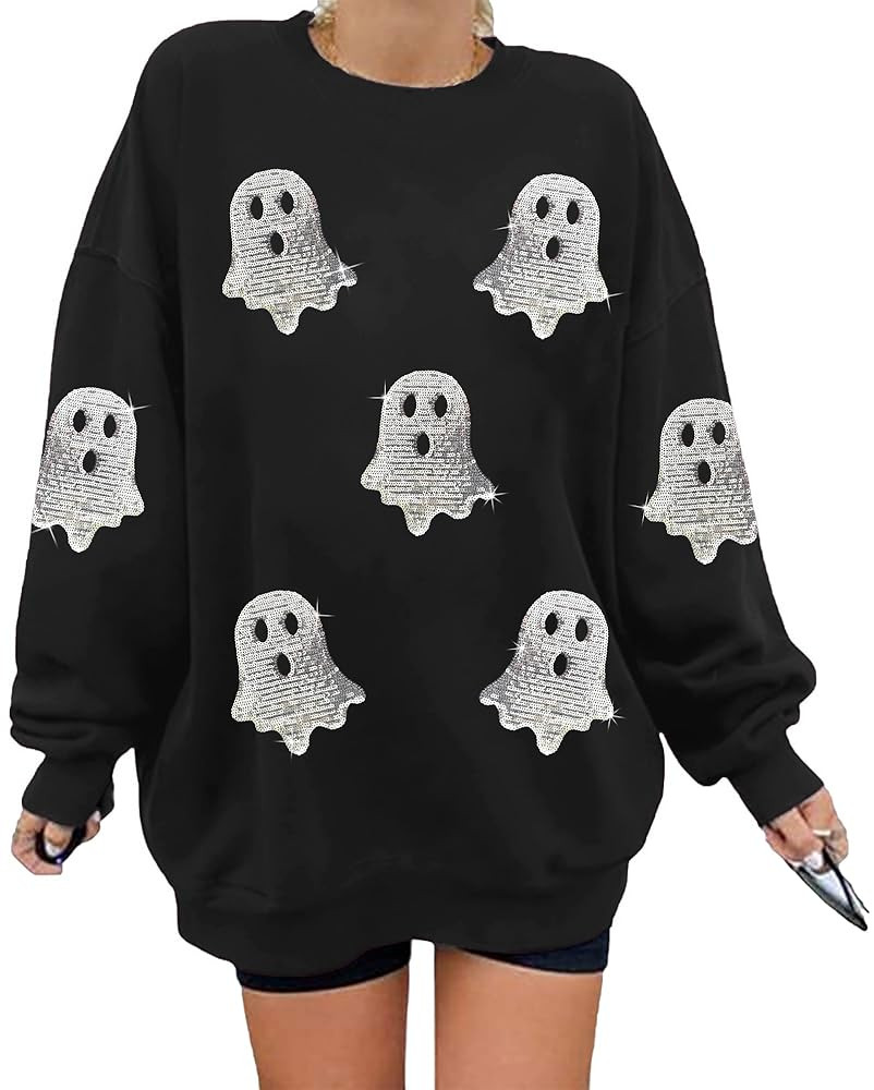 Halloween Sweatshirts for Women Sequin Ghost Long Sleeve Shirt Oversized Spooky Season Pullover T... | Amazon (US)