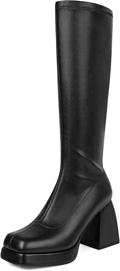 SOVANYOU Black Leather Boots Platform Boots for Women Square Toe Chunky Block Heeled Boots | Amazon (US)