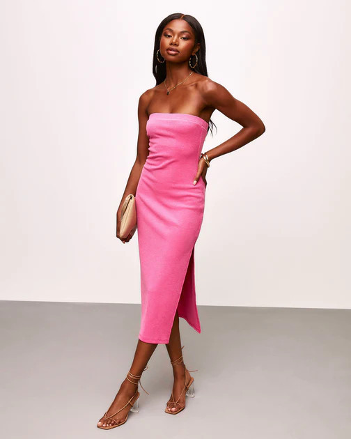 Becks Ribbed Strapless Side Slit Midi Dress - Pink | VICI