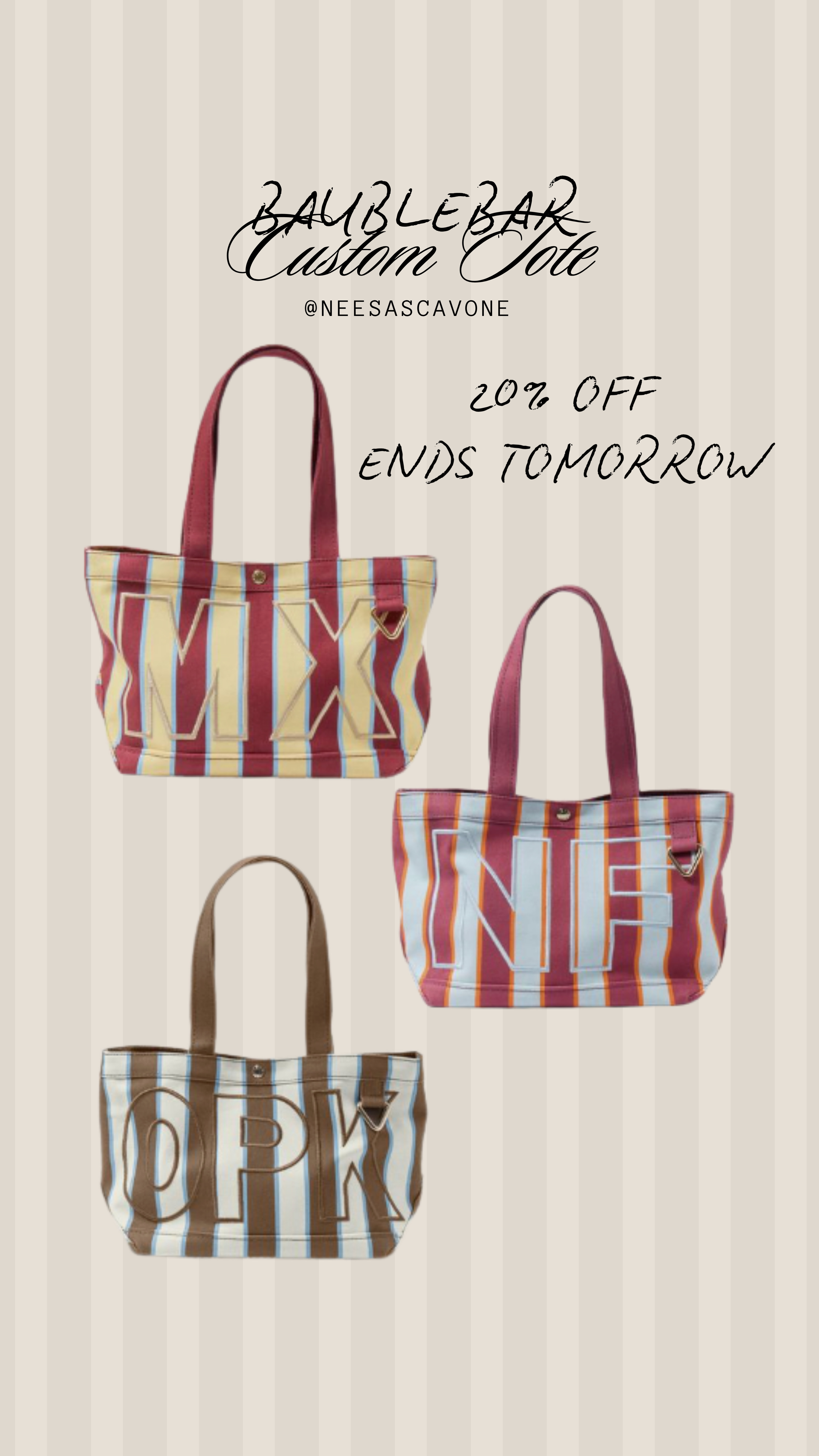 A tote with a personal touch! 🤎 These BaubleBar custom tote bags pair colorful stripes with oversized initials for the cutest everyday accessory. Such a thoughtful personalized gift for moms, sisters, teachers, or your best friend! Tap below to shop your favorite color combination. ✨

#BaubleBar #CustomTote #PersonalizedToteBag #MonogramTote #StripedTote #PersonalizedGifts #GiftsForHer #TeacherGiftIdeas #LTKStyle #LTKGiftGuide 

 #LTKdayinmylife #LTKActive #LTKTravel