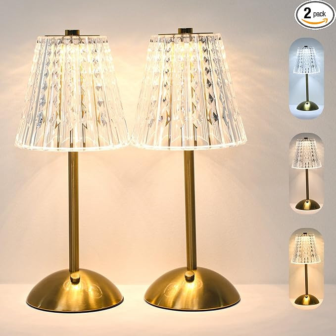 2 Pack Crystal Cordless Table Lamp Rechargeable, 3 Way Dimmable Touch Light & 3600mAh Battery Ope... | Amazon (US)