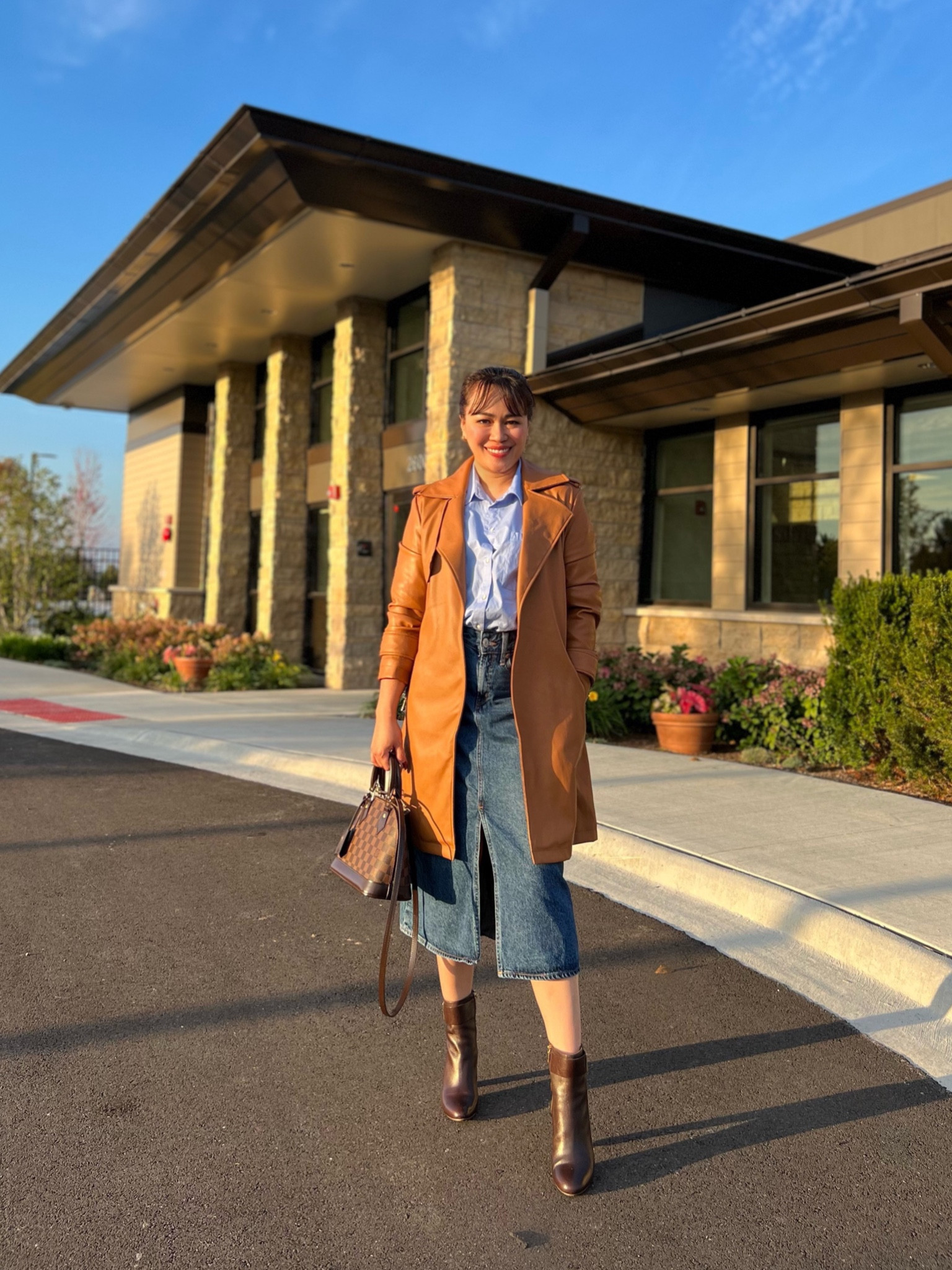 Transitional outfit from summer to fall. Leather jacket • denim skirt • brown bootie 

#LTKworkwear #LTKtravel #LTKstyletip