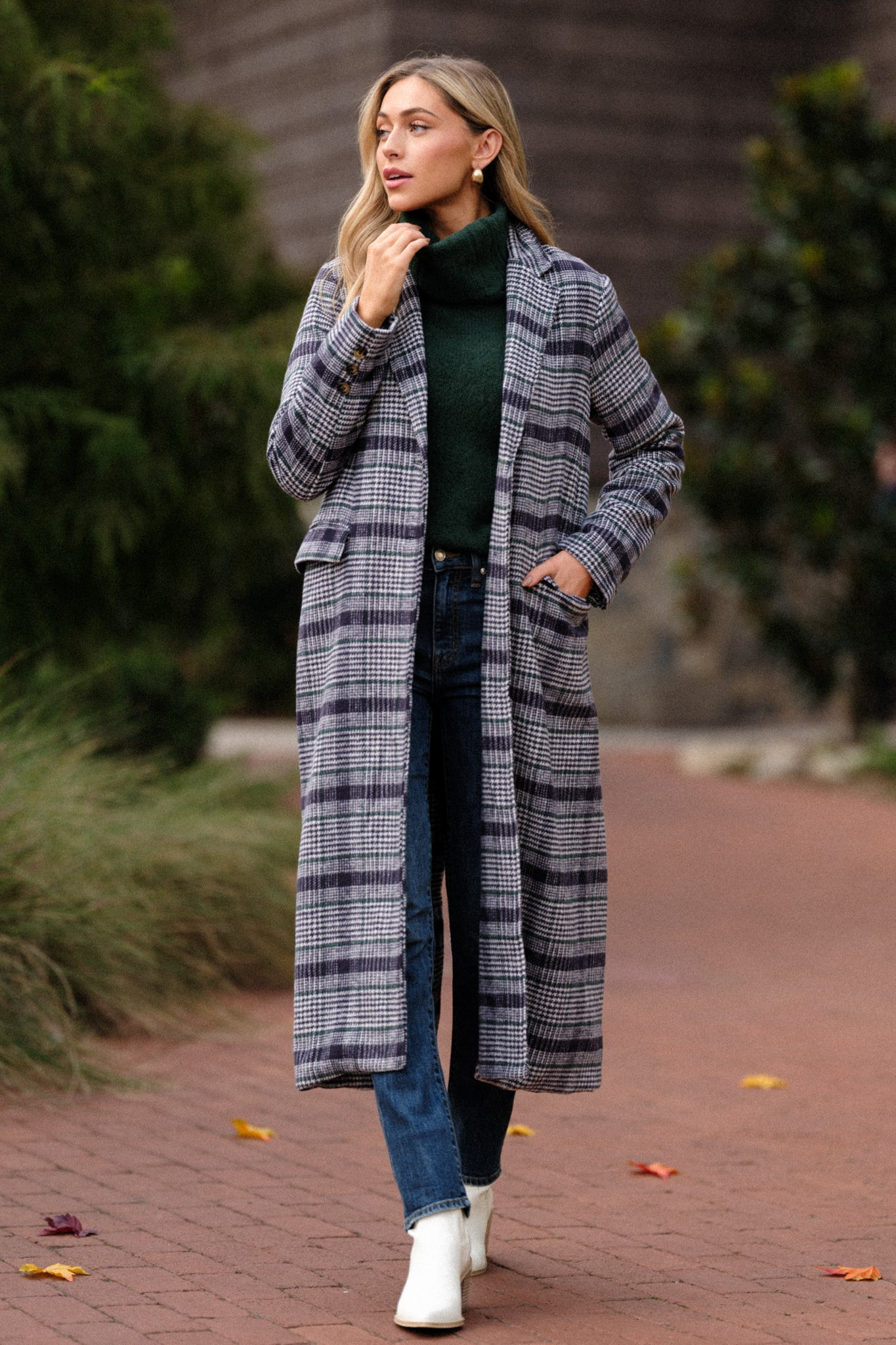 Fireside Chats Navy Plaid Trench Coat | Red Dress