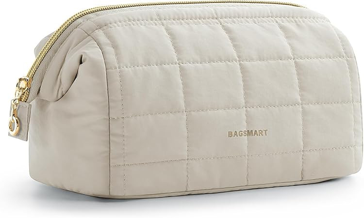 BAGSMART Makeup Bag Travel Toiletry Bag, Wide-open Zipper Pouch, Beige | Puffy Padded, Travel Ess... | Amazon (US)