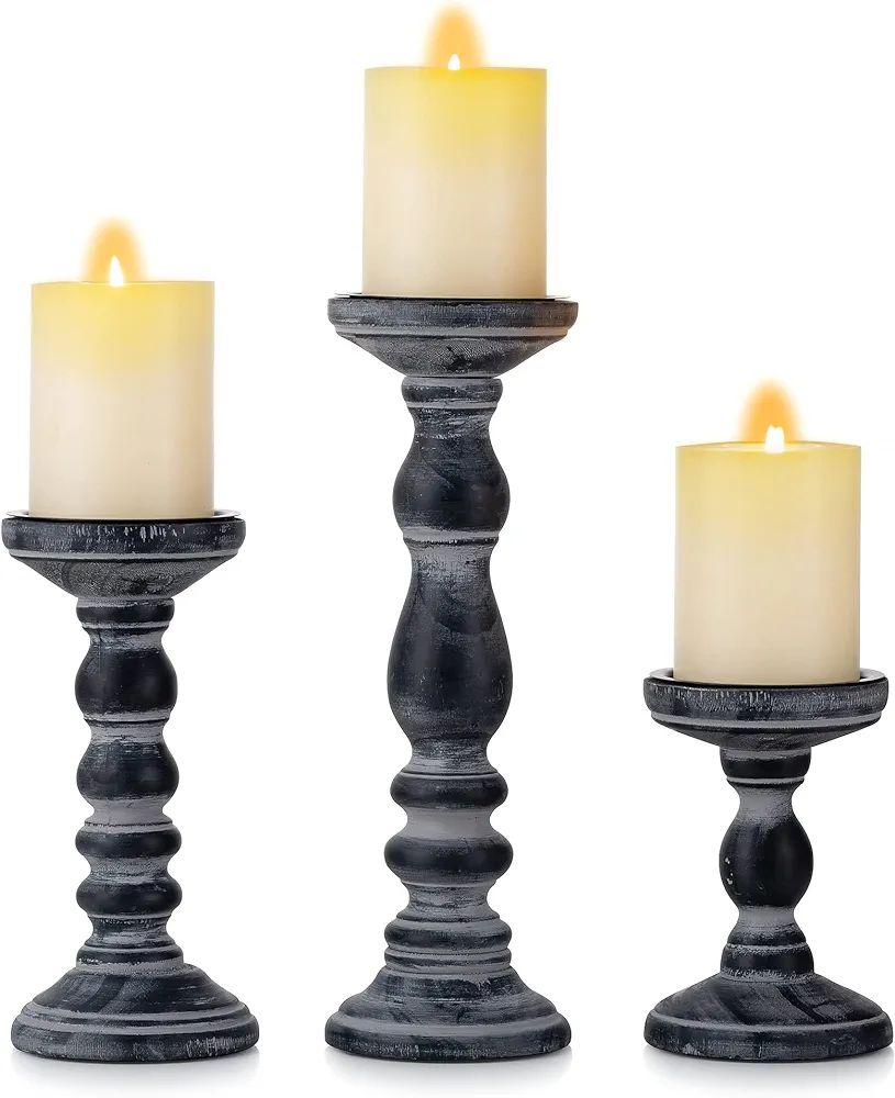 Wooden Candle Holders for Pillar Candles - Tall Rustic Candle Holder (Set of 3), Large Farmhouse ... | Amazon (US)