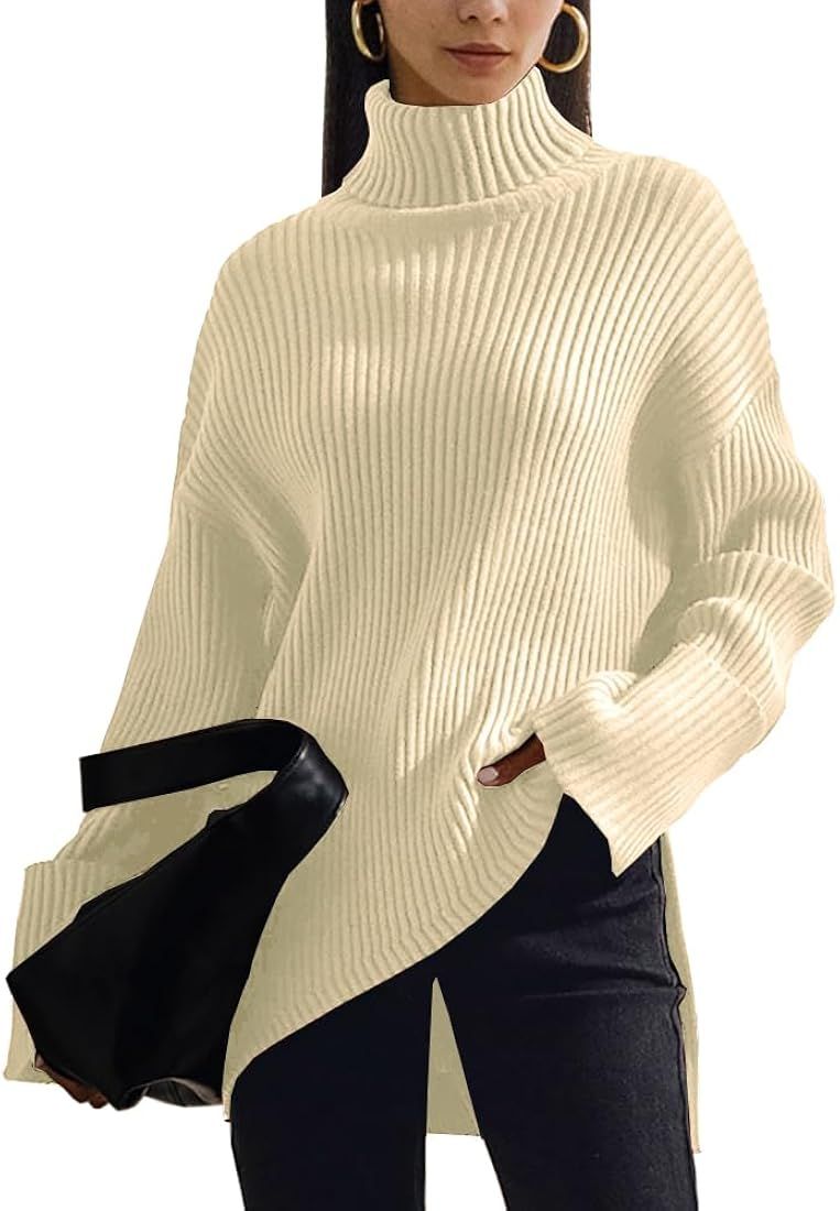 LILLUSORY Womens 2023 Fall Sweaters Turtleneck Long Sleeve Asymmetric Hem Pullover Knit Oversized... | Amazon (US)