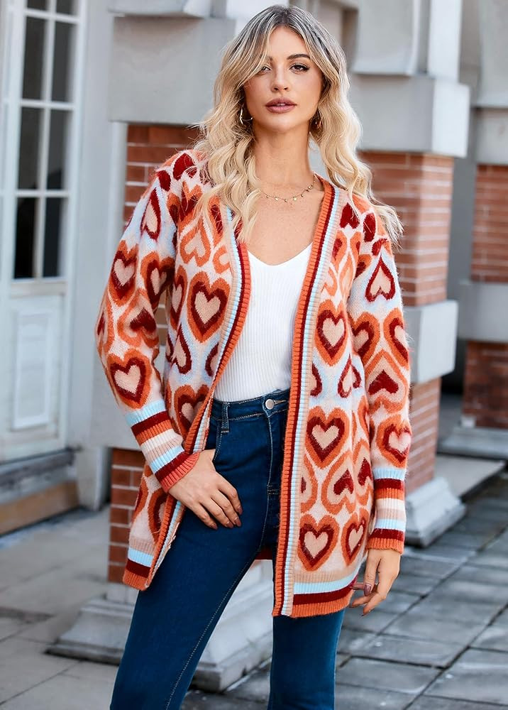 Chunky Cardigan Sweaters for Women Long Open Front Color Block Knitted Heart Cardigan Valentine S... | Amazon (US)