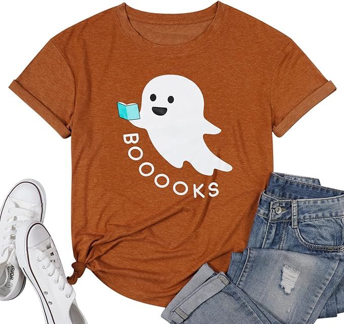 Halloween BOOOOKS Shirt Women Reading Books Graphic Funny Halloween Bookworm Gift Tee Top | Amazon (US)