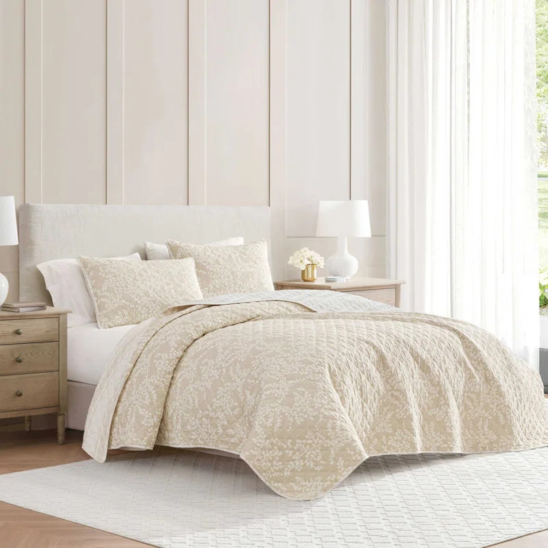 Martha Stewart Layered Branches Cotton Reversible Beige Quilt Set | Wayfair North America
