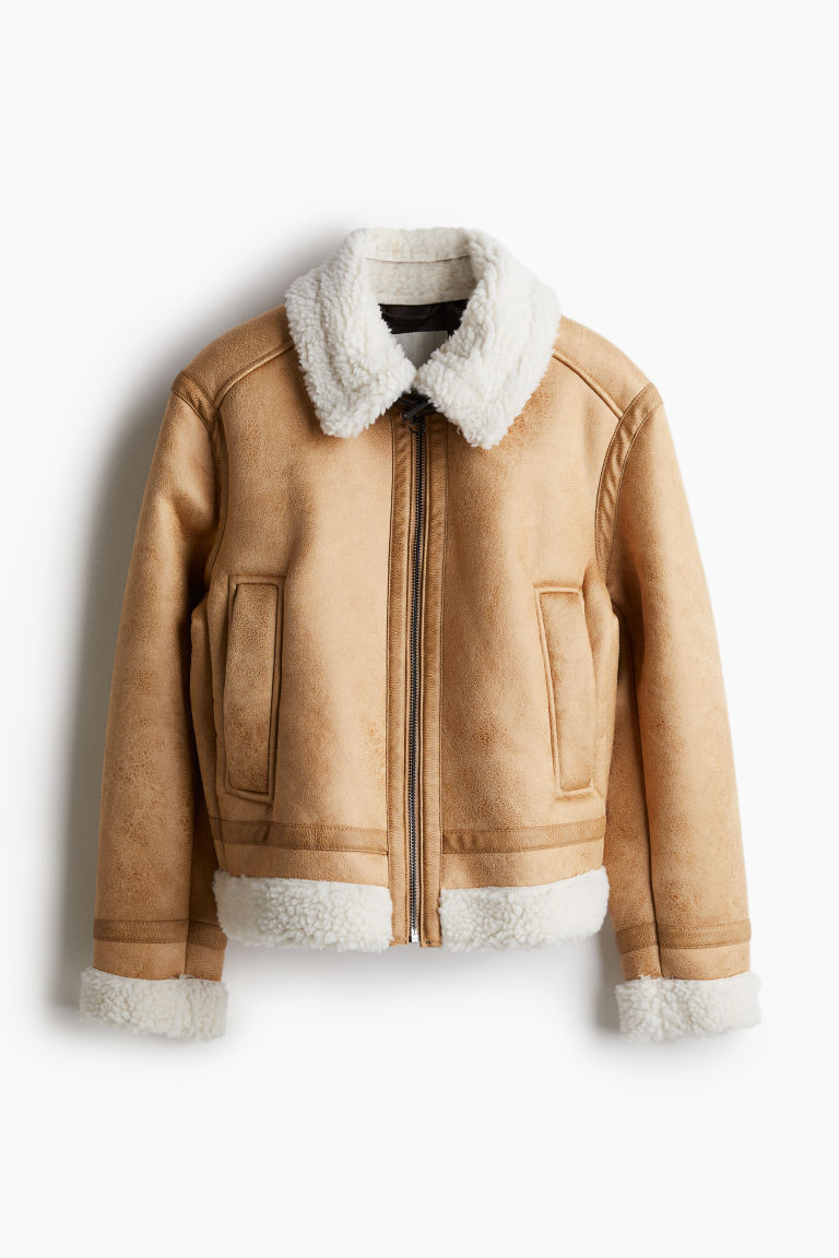 H & M - Teddy-Fleece-Lined Aviator Jacket - Beige | H&M (US + CA)