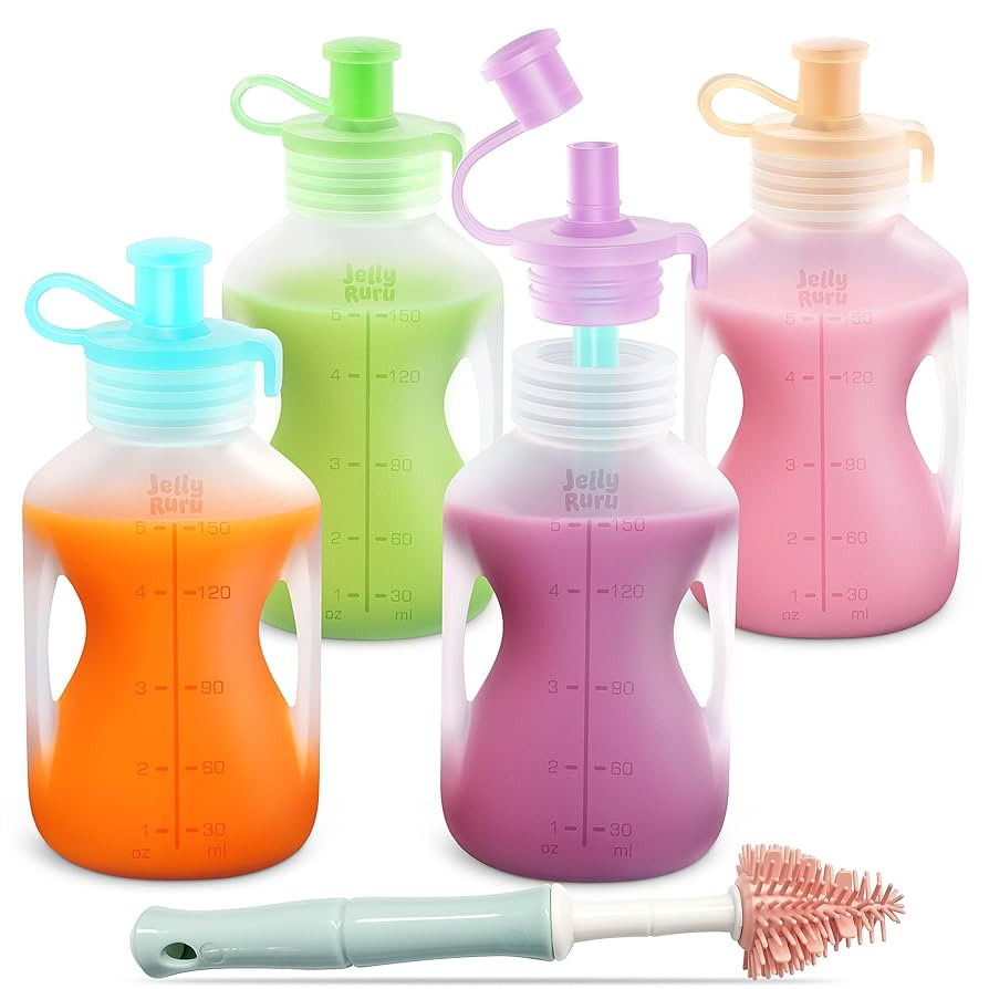 Silicone Reusable Baby Food Pouches with Straws, 4 Pack Leakproof Refillable Squeeze Pouches, Dis... | Amazon (US)