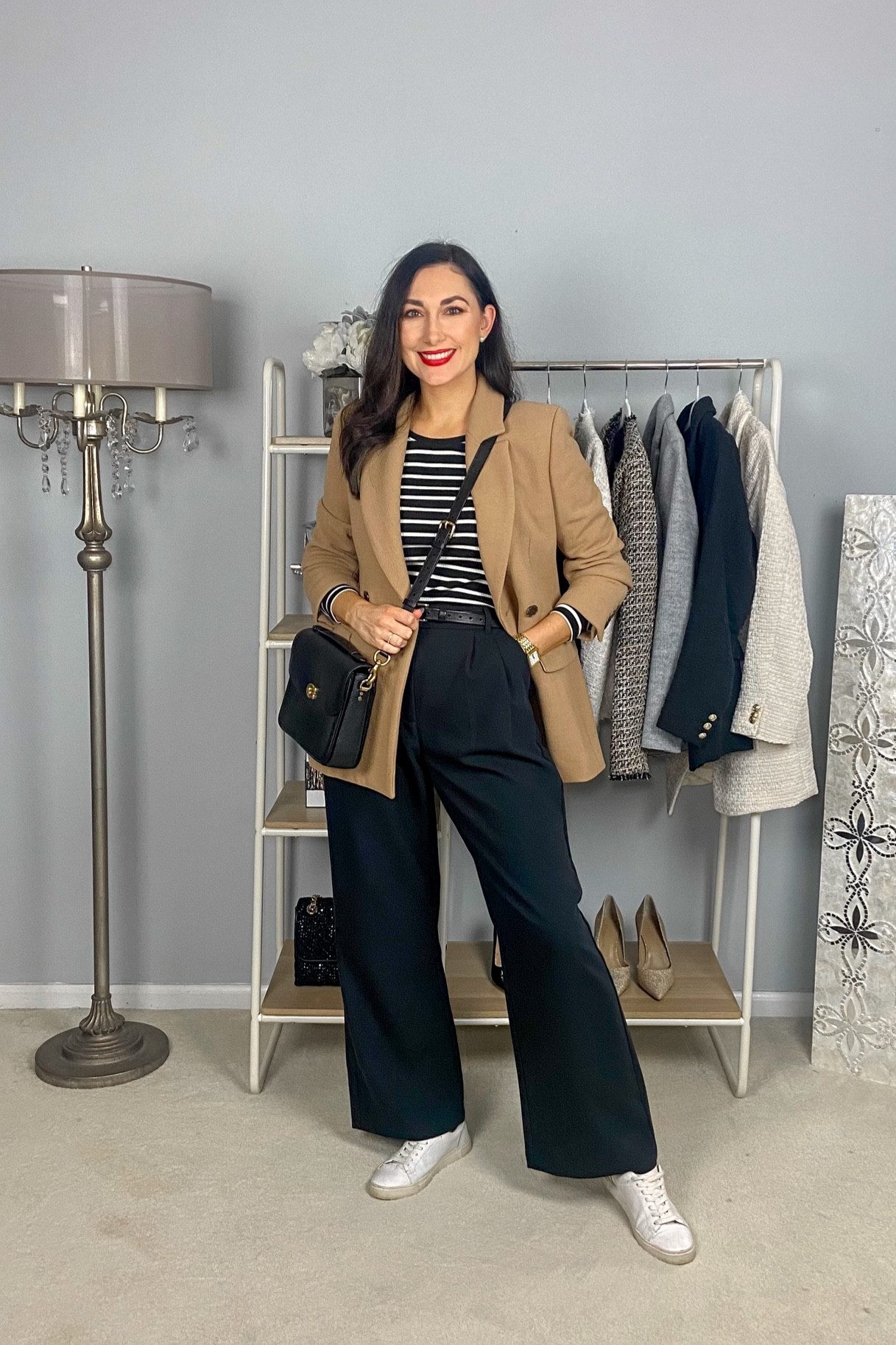 Smart casual outfit 🖤

Camel blazer size 4, TTS
Striped top size xs, size down for fitted look
Black wide leg pants size 27 regular length curve love, TTS but get long length if 5’7” & taller and want to weee heels 
White sneakers size 7, TTS

Work wear 
Neutral outfit 
Classic outfit 


#LTKsalealert #LTKSpringSale #LTKworkwear