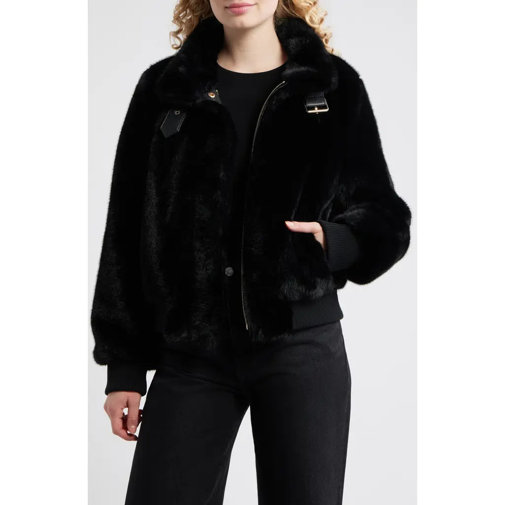 BCBG Faux Mink Bomber Jacket in Black at Nordstrom Rack, Size Large | Nordstrom Rack