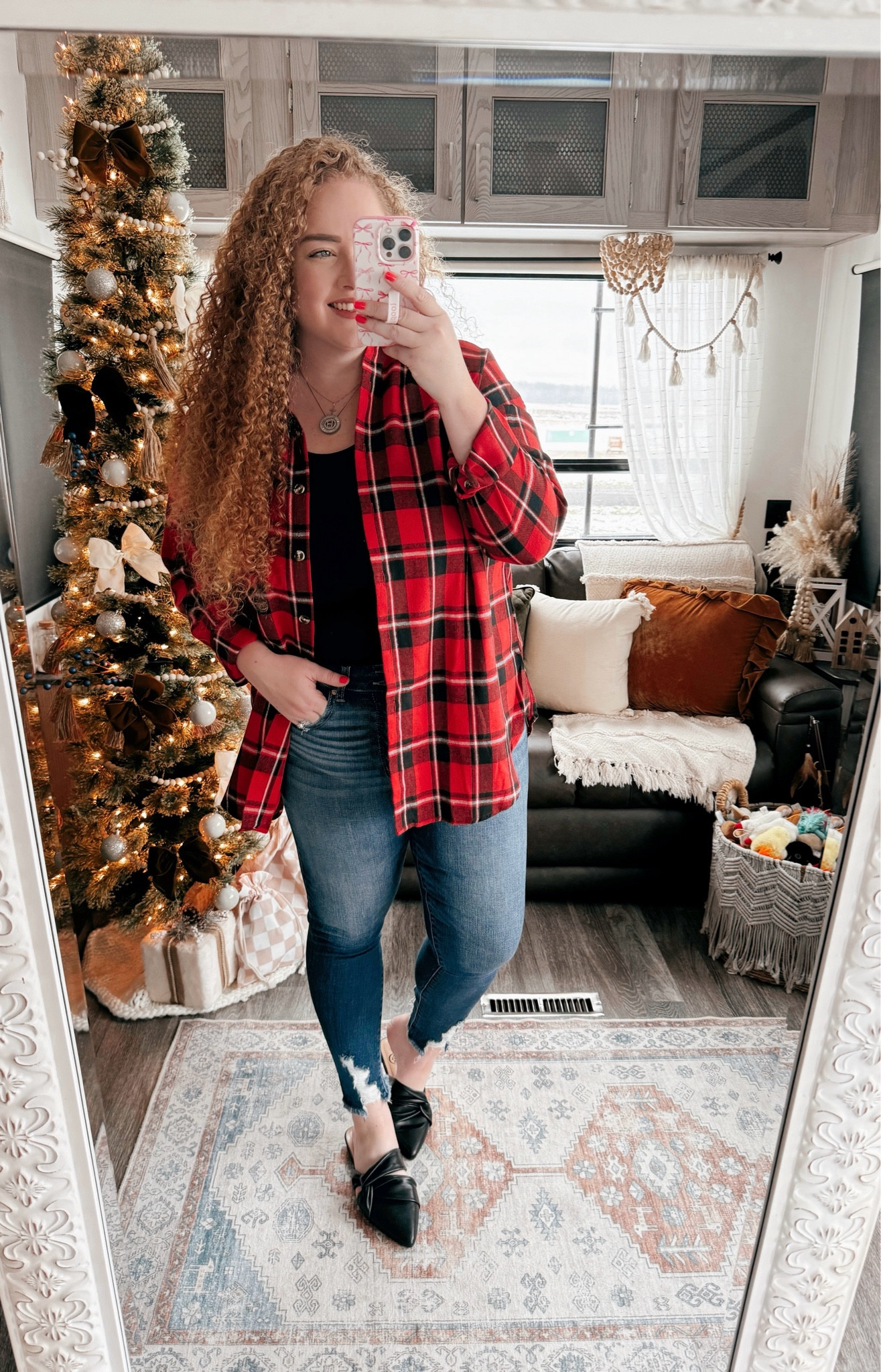 This is a cute outfit for the holidays🎄🎁Amazon button down | plaid button down | Amazon plaid button down | red and black plaid top | holiday outfit | skinny jeans | curvy jeans | buckle jeans | holiday event outfit | amazon holiday event outfit | amazon fashion | amazon finds | amazon look | amazon outfit | holiday outfit | christmas party look | Christmas party Outfit | christmas finds | holiday party outfit inspo | holiday party inspo | winter 2024 | work Christmas party | casual holiday outfit | mules | amazon mules | black mules 

#LTKMidsize #LTKSeasonal #LTKStyleTip