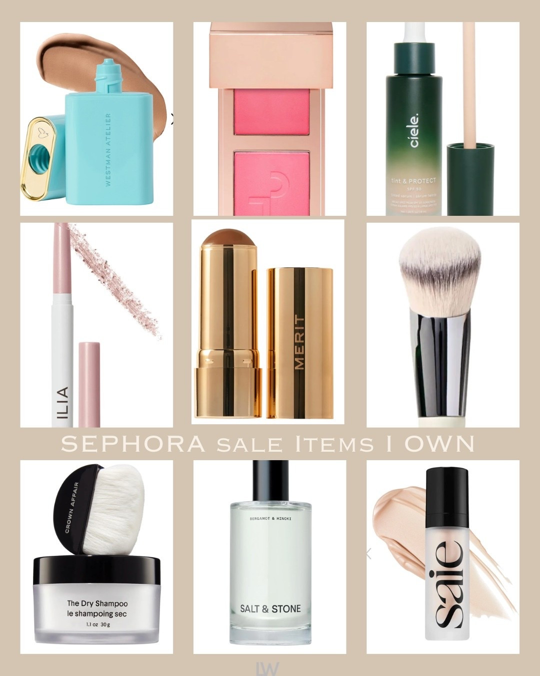 Bronzing drops ✔️ Patrick Ta blush is so pigmented and stays all day ✔️ Ciele 50 SPF is has great coverage and really covers ✔️ shimmer neutral eyeshadows I love ✔️ merit bronzing stick for contours ✔️ the double sided brush I use! ✔️ only dry shampoo you need ✔️ salt and stone scent ✔️ saie high liter serum I use under my tinted moisturizer for an extra ✨✨ some days! It’s really good. 