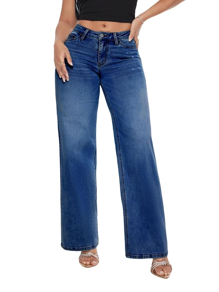 ONESO Pantalones de mezclilla holgados de pierna ancha para mujer, de tiro medio, holgados, BBL, ... | Amazon (US)