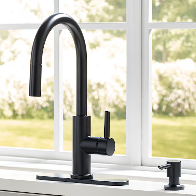allen + roth Harlow Matte Black Single Handle Pull-down Kitchen Faucet with Sprayer (Deck Plate a... | Lowe's