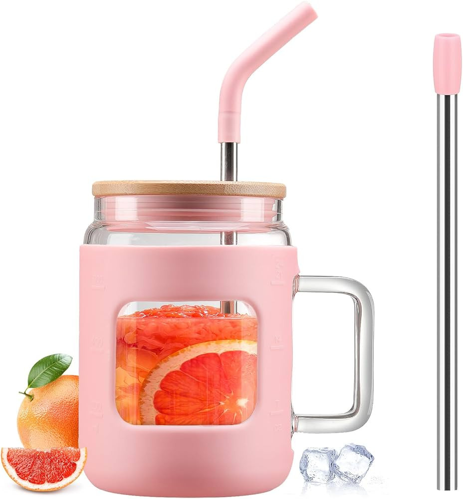 WINSA 24 oz Glass Water Bottles with Time Marker,Glass Tumbler with Bamboo Lid and Straw,Iced Cof... | Amazon (US)