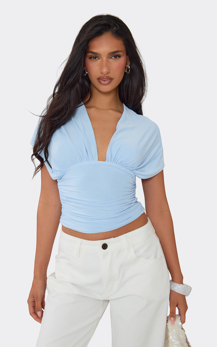 Short Sleeve Plunge Front Tie Back Detail Top In Baby Blue Slinky | EGO (UK)